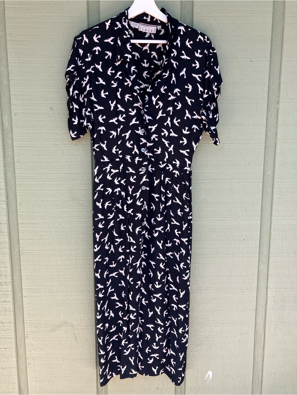 Kenar Black Dress with White Bird Print